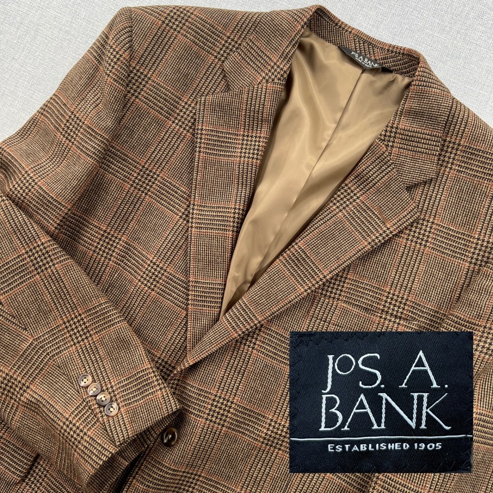 Jos A Bank Sport Coat Mens 46R Brown Plaid Wool Two Button Blazer Academia Ivy